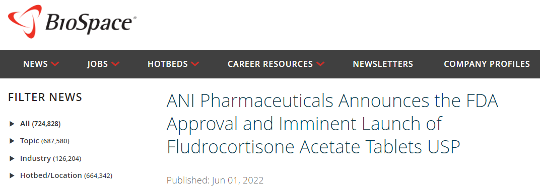 ANI Pharmaceuticals Announces the FDA Approval and Imminent Launch of Fludrocortisone Acetate Tablets USP