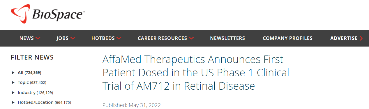 AffaMed Therapeutics Announces First Patient Dosed in the US Phase 1 Clinical Trial of AM712 in Retinal Disease